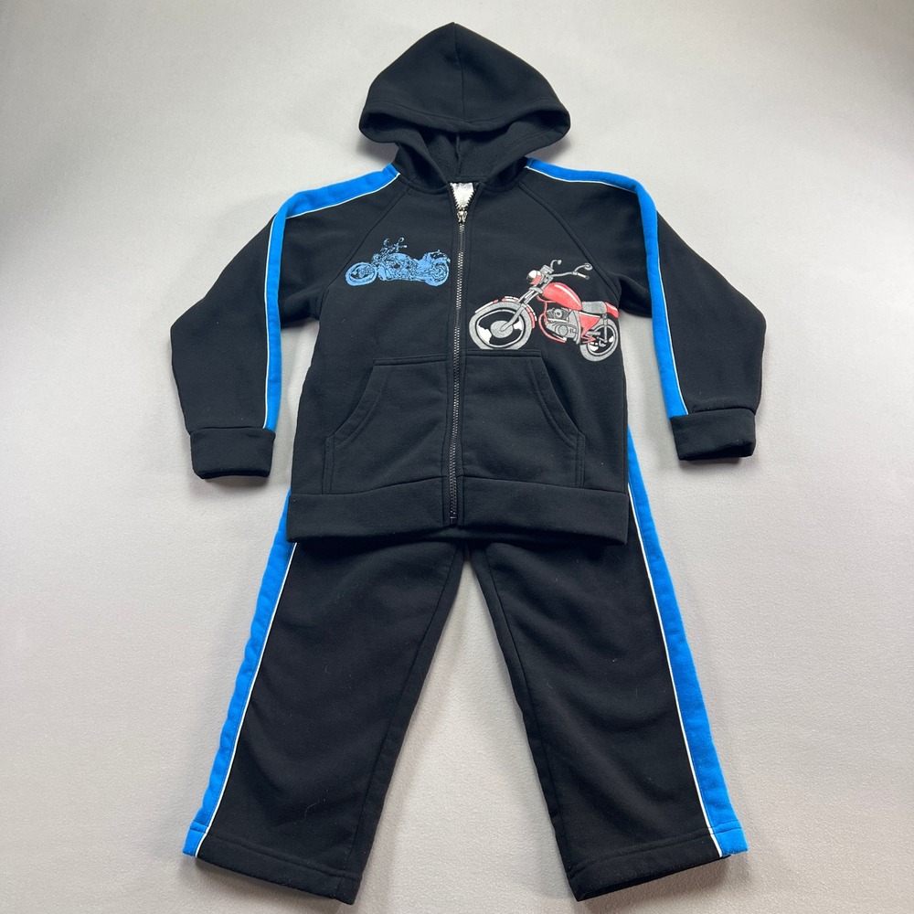 G&j Relations Tracksuit Set Boys 6 Black Blue Motorcycle Graphic Full Zip Outfit